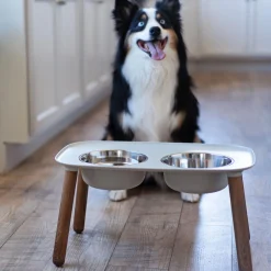 Adjustable Elevated Light Grey Double Feeder with Stainless Bowls