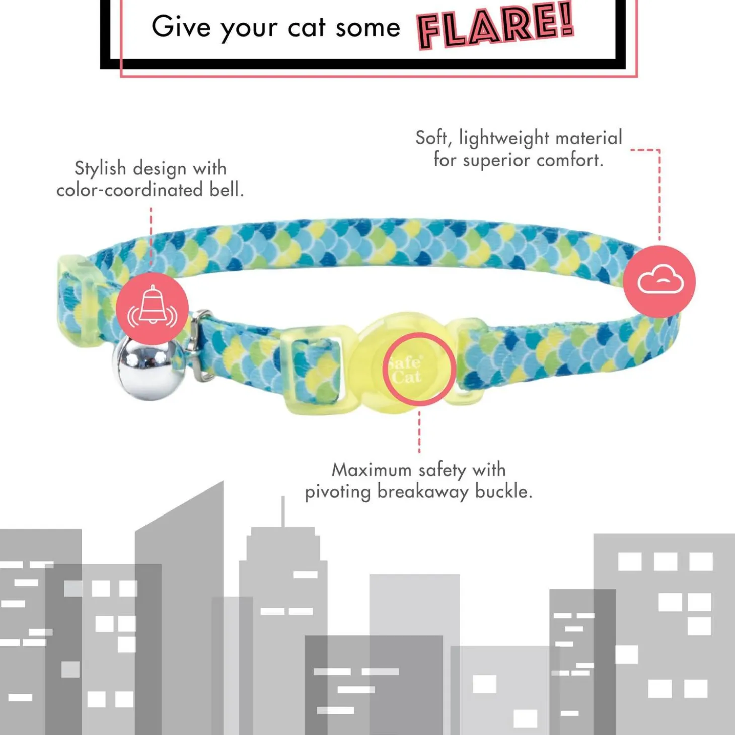 Safe Cat Fashion Adjustable Breakaway Lime Teal Scales Cat Collar